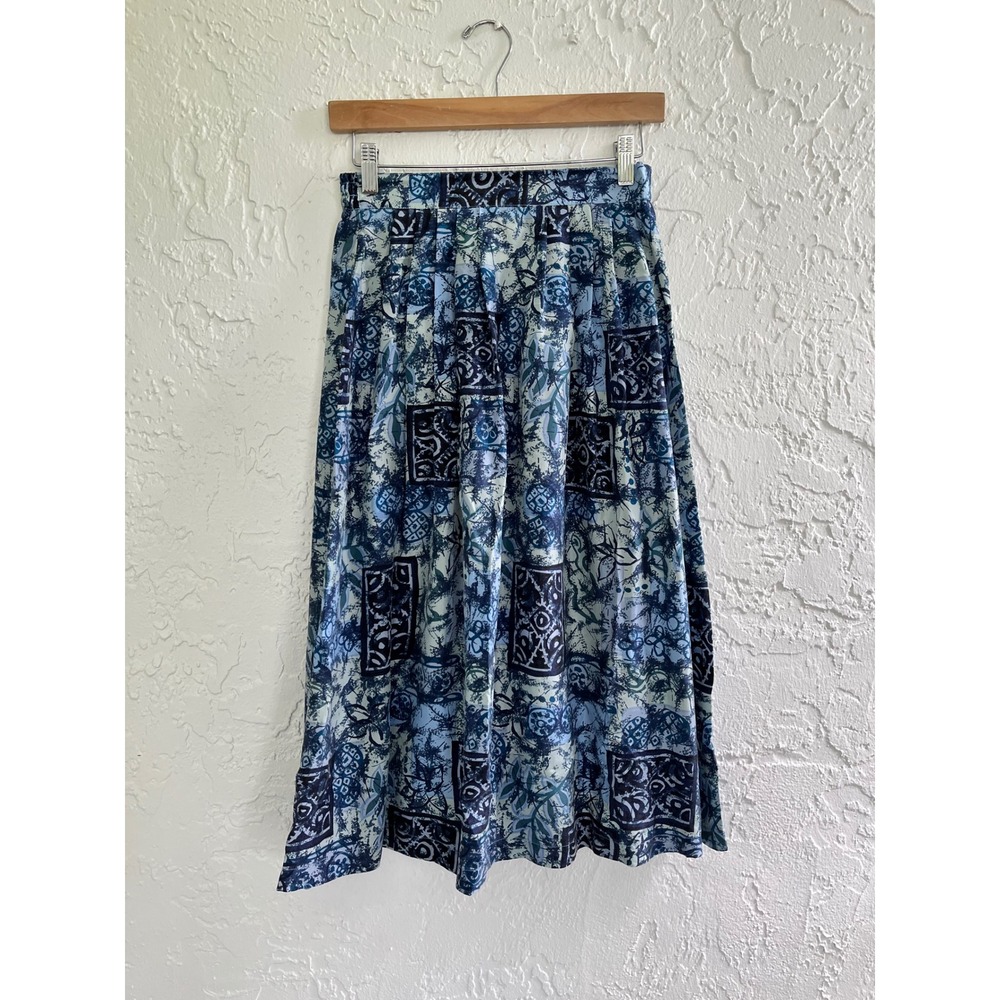 Melrose Petite Silk‎ Skirt Womens Small Vintage Blue Abstract Midi